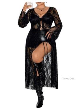 Plus Size Lace Duster Cardigan Gothic Long Kimono Outerwear Tie Front
